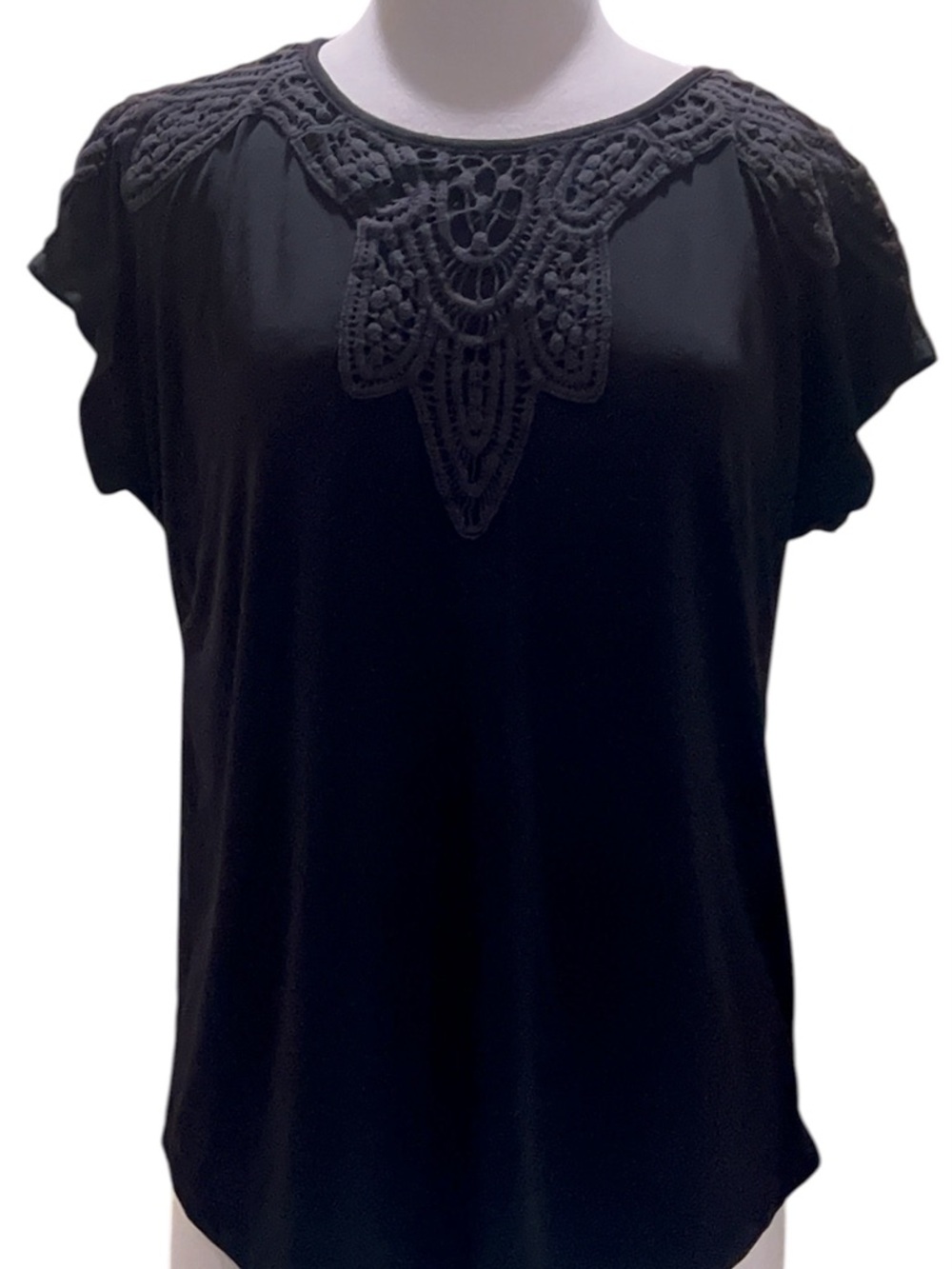 Women's Black Short-Sleeve Top with Crochet Yoke